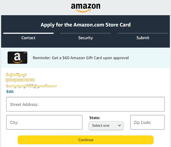 Amazon store card online application form