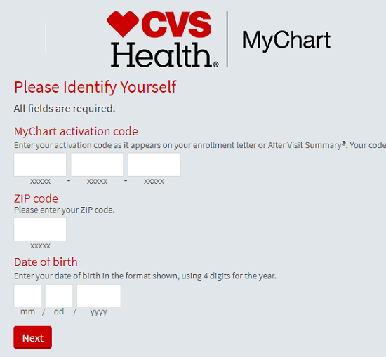 CVS Health mychart sign up form through an activation code