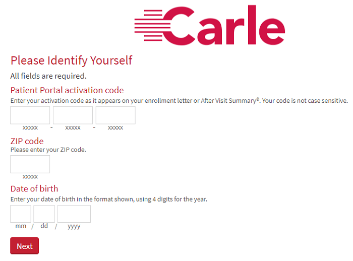 MyCarle Patient account activation form