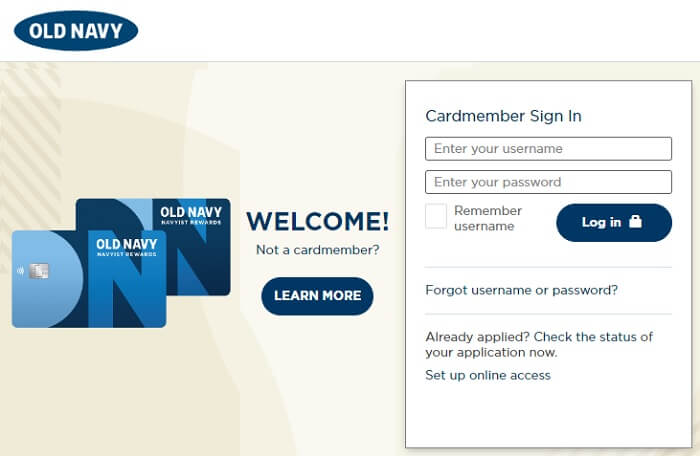 Old Navy Barclays Credit Card login form