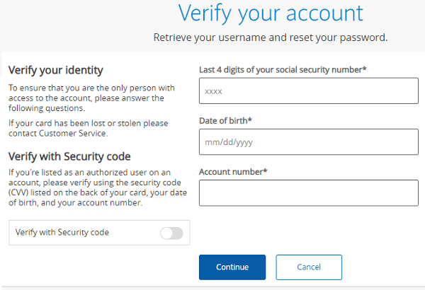 Priceline visa card verification to recover username and password