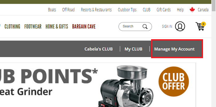 cabelas club manage my account link