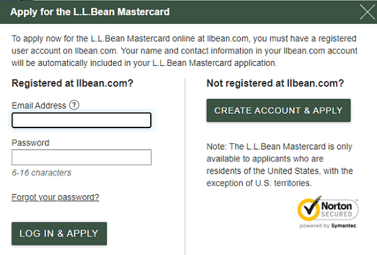 llbean login form for mastercard application