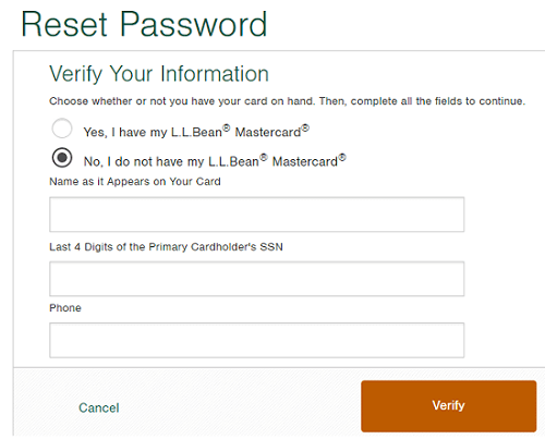 llbean mastercard password reset form