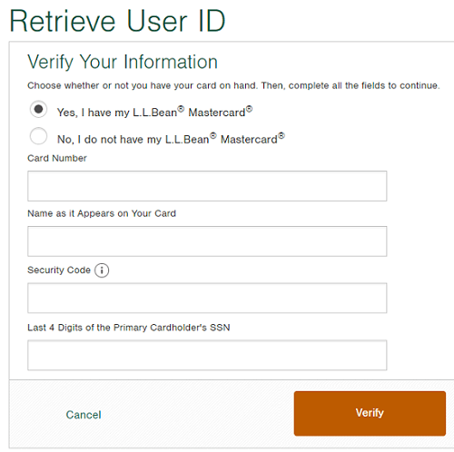 llbean Mastercard user-id retrieve form