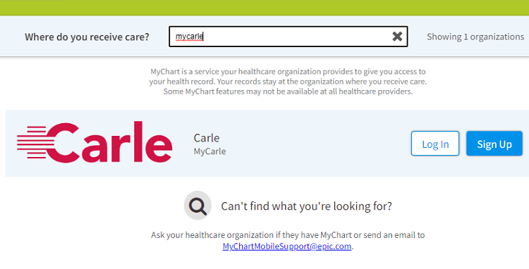 mycarle patient portal search result on MyChart portal
