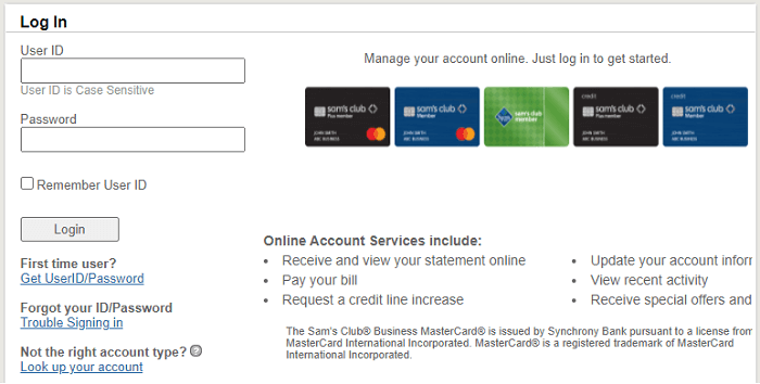 sams club business credit account login form