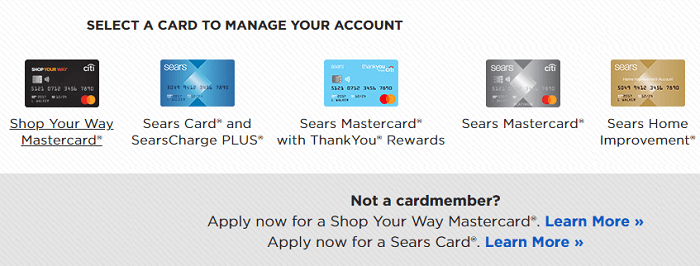sears credit card login options page