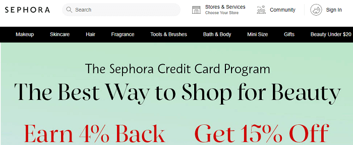 sephora website credit card page