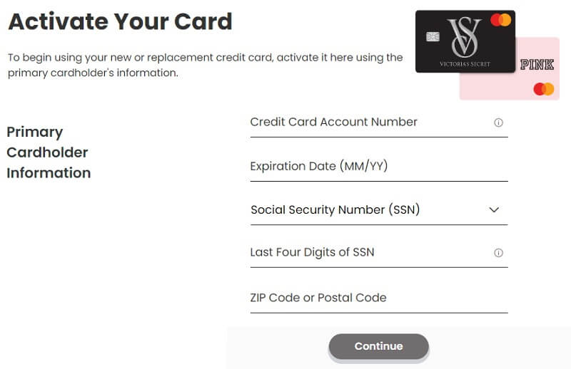 victoria secret Mastercard activation page