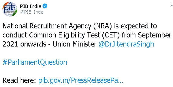 nra will conduct cet from september 2021 PIB twitter handle