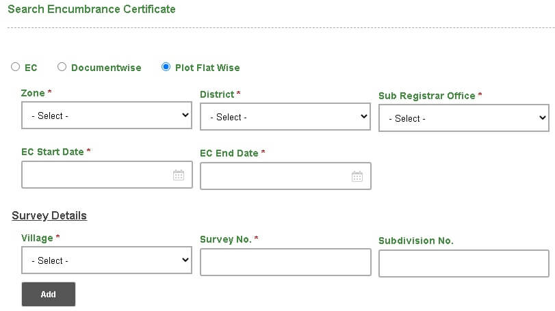 encumbrance certificate plot flat wise search option page