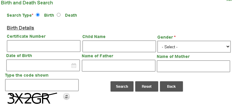 birth and death registration search page