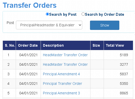 transfer orders list on the staff corner portal