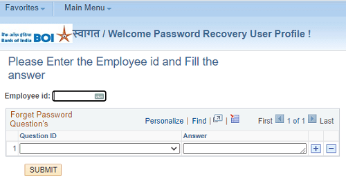 bank of india hrms password recovery form