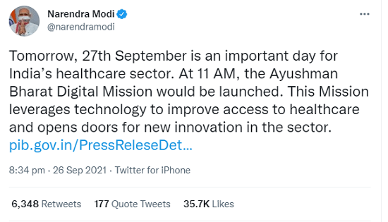 pm tweet on ayysh bharat digital health mission