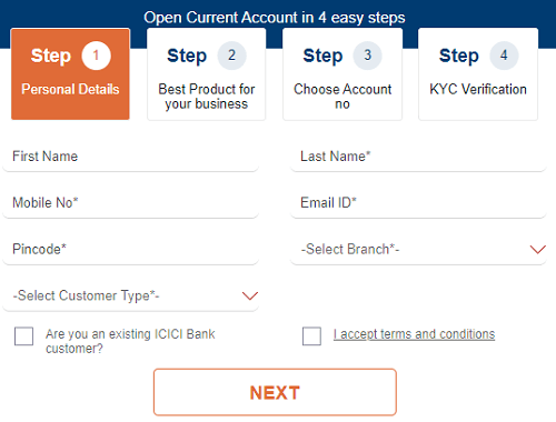 ICICI online current account opening form