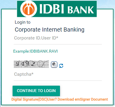 IDBI corporate internet banking login form