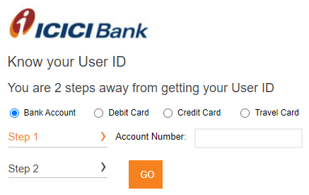 find ICICI net banking user id page