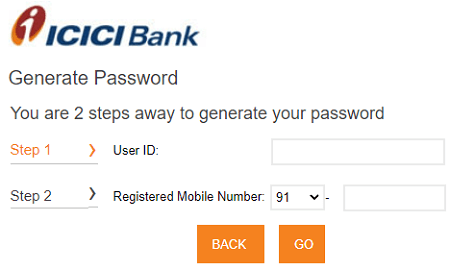 icici net banking password generate form