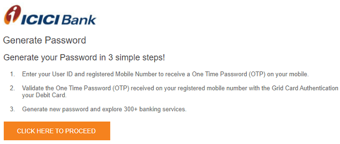 icici password generate proceed link