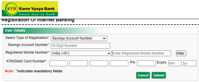 internet banking registration form karur vysya bank