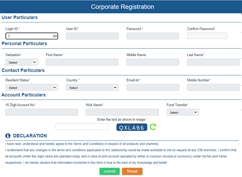 iob corporate internet banking registration form