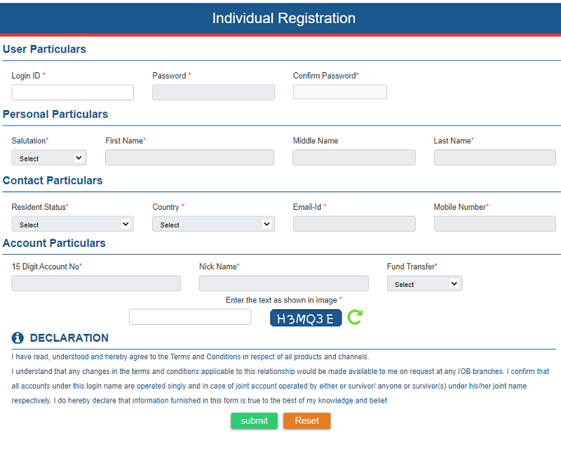 iob individual internet banking registration form