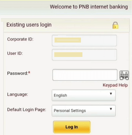 pnb corporate login password entry form