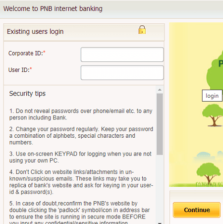 pnb corporate net banking login form