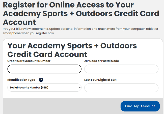 Academy Sports + outdoors credit card registration form