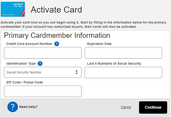 carters credit card online activation form