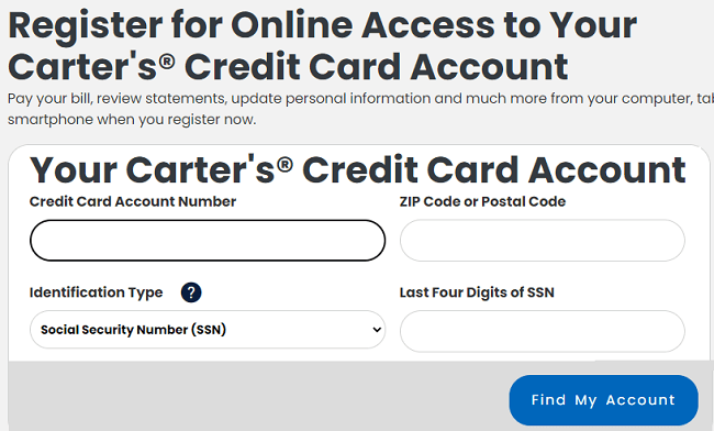 carters credit card registration form