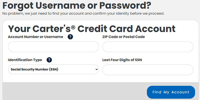 carters forgot credit card username or password form