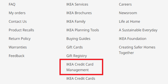 ikea credit card management link at the footer