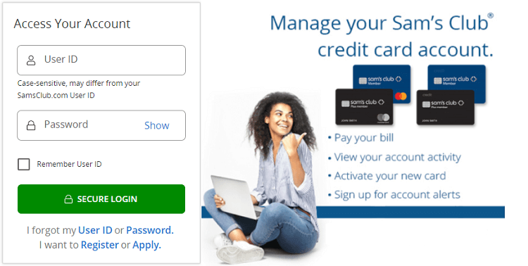 sams club consumer credit account login form