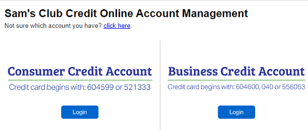 sams club credit account selection page