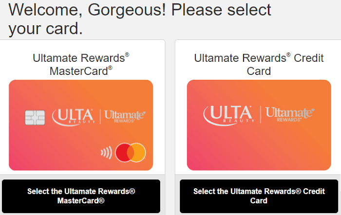 ulta credit card selection page for login