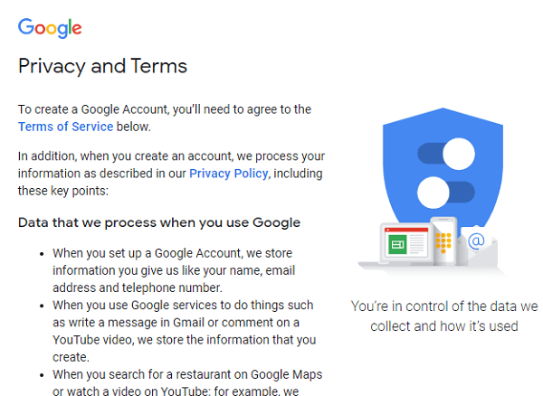 Google privacy and terms page