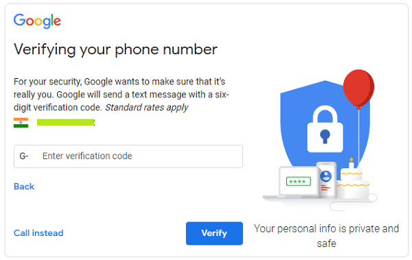 google signup enter verification code for mobile number