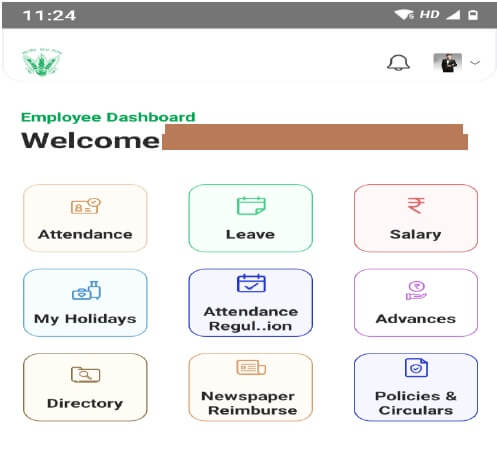 Employee dashboard screen in FCI HRMS mobile app